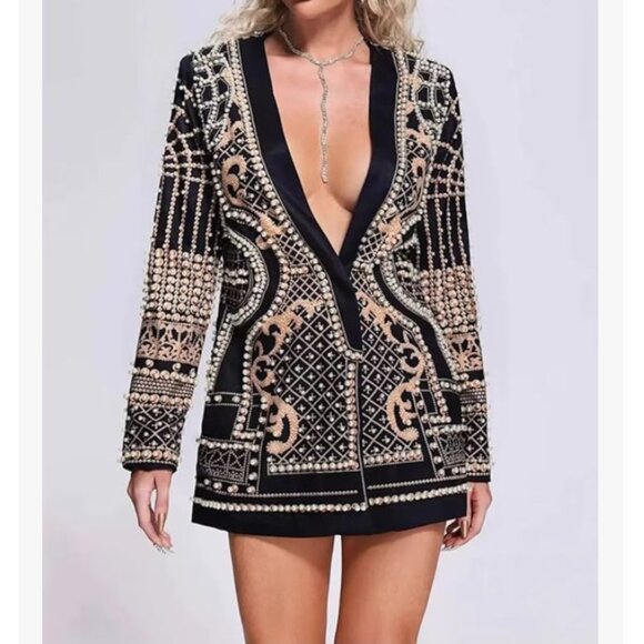 French Beaded Decor Mid Length Blazer Jacket - Picture 3 of 14